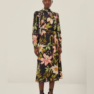Farm Rio Black Surreal Flowers High Mock Neck Midi Dress Long Sleeve Small